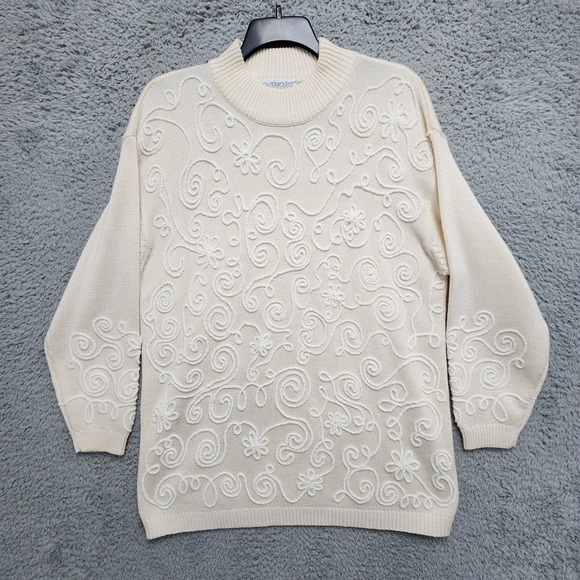 Vintage Outlander Sweater Womens 1X Cream Floral Wool Blend Embroidered Pullover - Picture 2 of 11